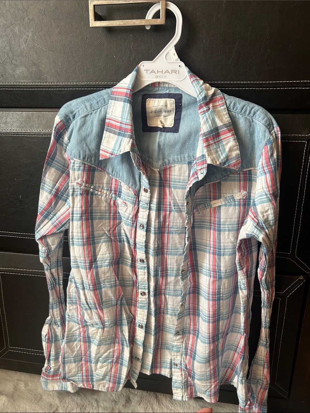 American Eagle Outfitters Blue, Red and White Plaid Button-Up Shirt
